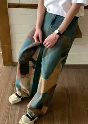 Unique Blue Print Pockets High Waist Denim Men Wide Leg Pants Summer