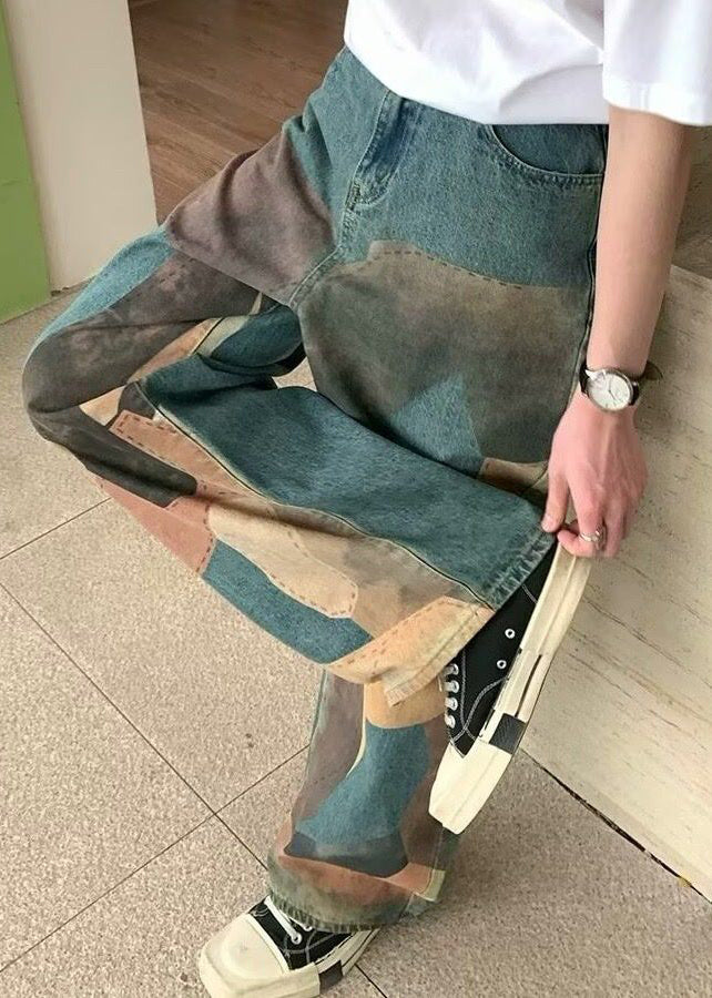 Unique Blue Print Pockets High Waist Denim Men Wide Leg Pants Summer