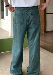 Unique Blue Print Pockets High Waist Denim Men Wide Leg Pants Summer