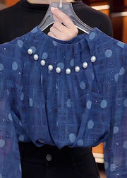 Unique Blue Stand Collar Nail Bead Chiffon Shirts Fall