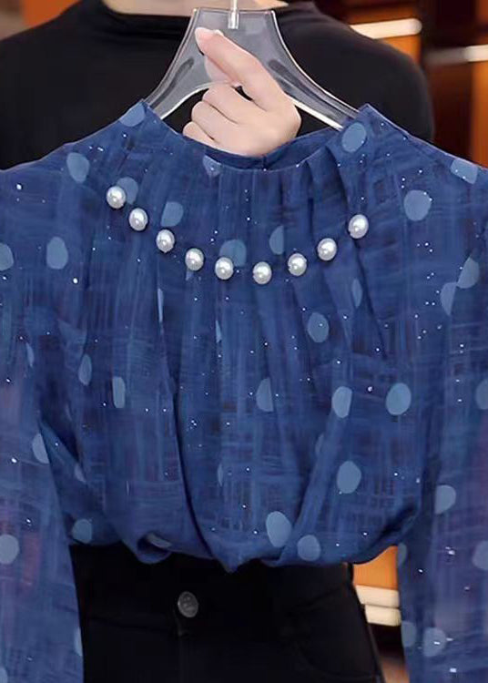 Unique Blue Stand Collar Nail Bead Chiffon Shirts Fall