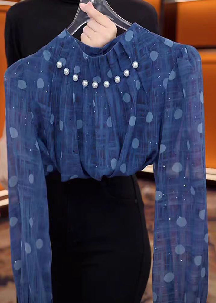Unique Blue Stand Collar Nail Bead Chiffon Shirts Fall