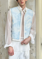 Unique Blue Stand Collar Pearl Cotton Mens Waistcoat Sleeveless