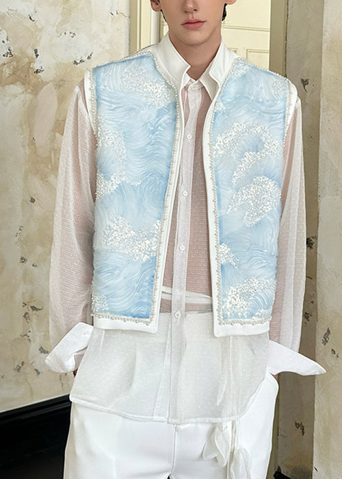 Unique Blue Stand Collar Pearl Cotton Mens Waistcoat Sleeveless