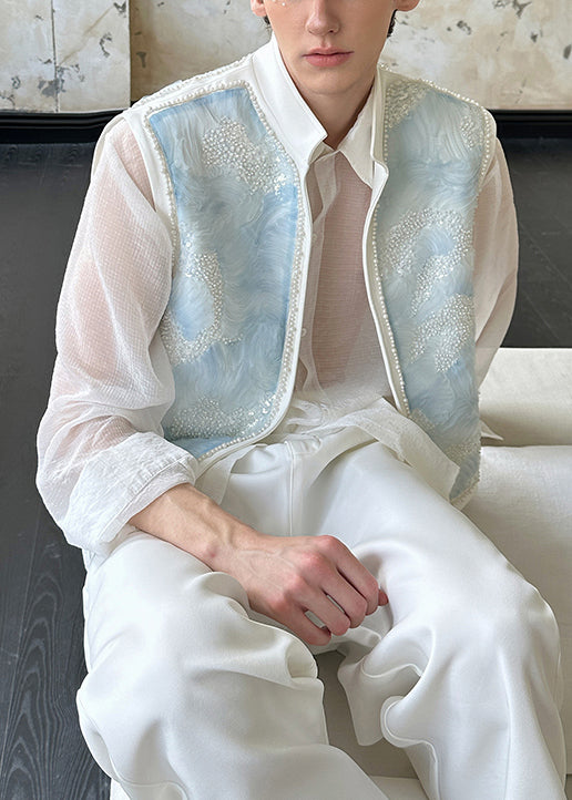 Unique Blue Stand Collar Pearl Cotton Mens Waistcoat Sleeveless