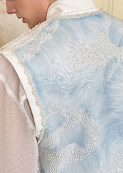 Unique Blue Stand Collar Pearl Cotton Mens Waistcoat Sleeveless