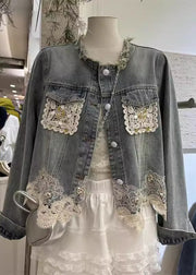 Unique Blue Tassel Lace Patchwork Denim Jacket Fall