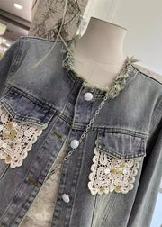 Unique Blue Tassel Lace Patchwork Denim Jacket Fall