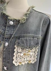Unique Blue Tassel Lace Patchwork Denim Jacket Fall