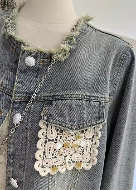 Unique Blue Tassel Lace Patchwork Denim Jacket Fall