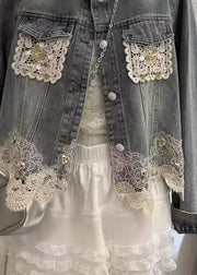 Unique Blue Tassel Lace Patchwork Denim Jacket Fall