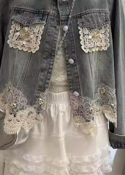 Unique Blue Tassel Lace Patchwork Denim Jacket Fall