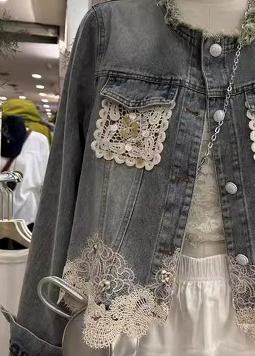 Unique Blue Tassel Lace Patchwork Denim Jacket Fall