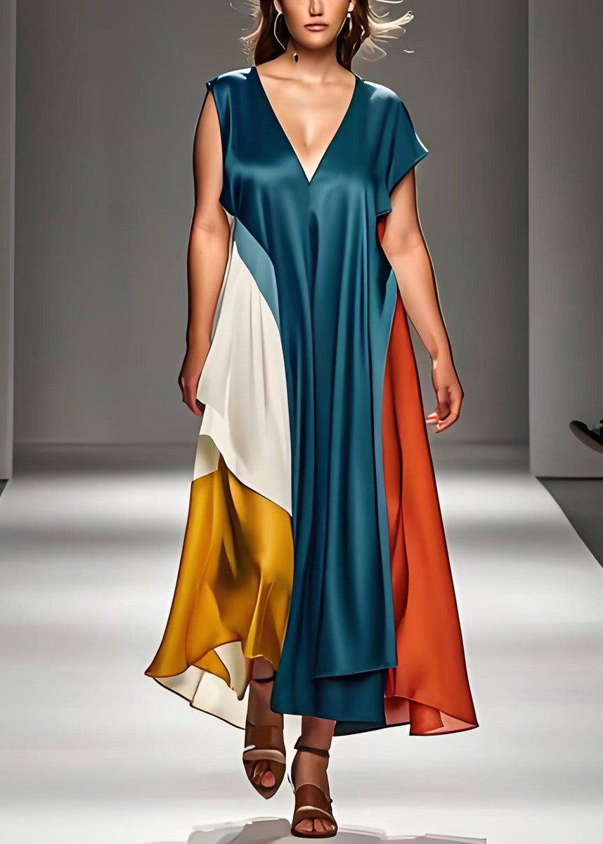 Elegant V Neck Lace Up Patchwork Silk Long Dresses Sleeveless