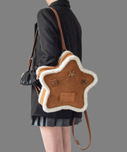 Unique Brown Five-pointed Star Patchwork Faux Suede Backpack Bag