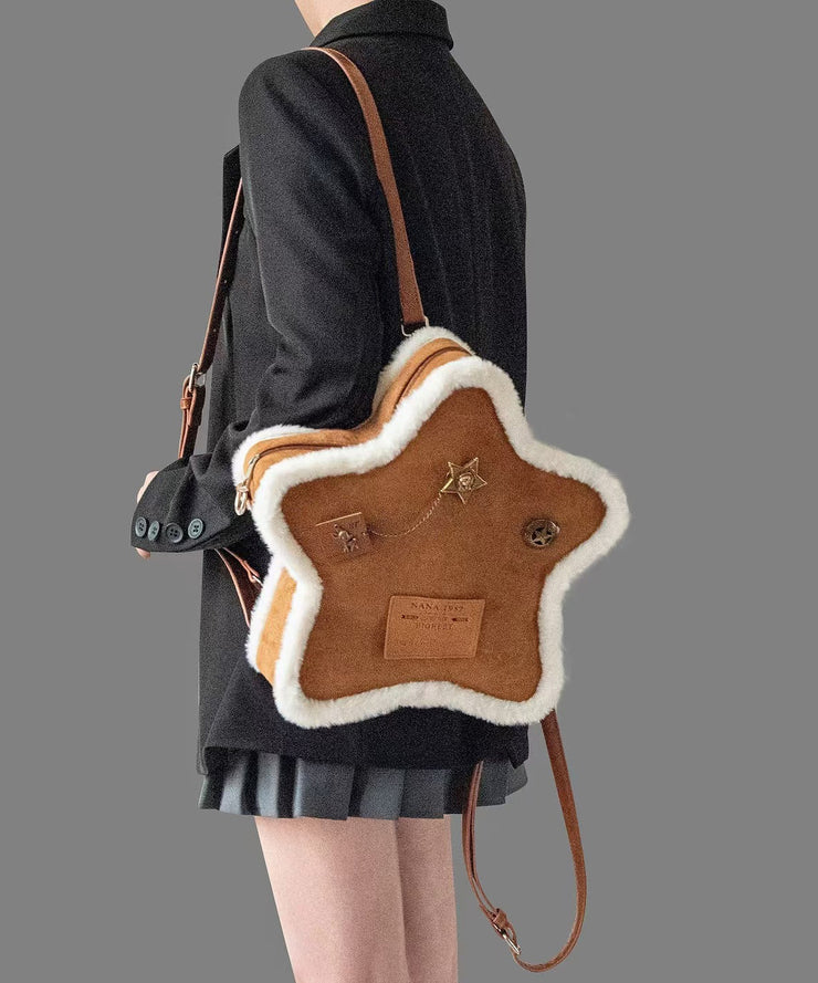 Unique Brown Five-pointed Star Patchwork Faux Suede Backpack Bag