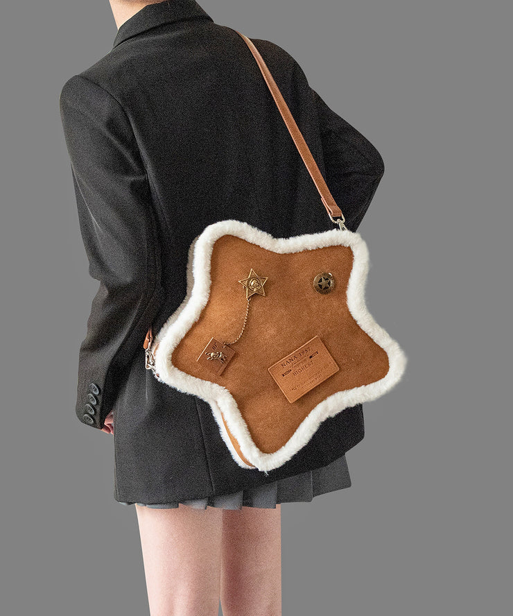 Unique Brown Five-pointed Star Patchwork Faux Suede Backpack Bag