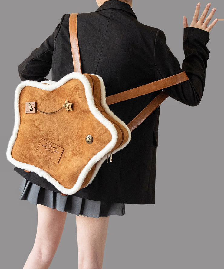 Unique Brown Five-pointed Star Patchwork Faux Suede Backpack Bag