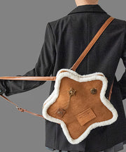 Unique Brown Five-pointed Star Patchwork Faux Suede Backpack Bag
