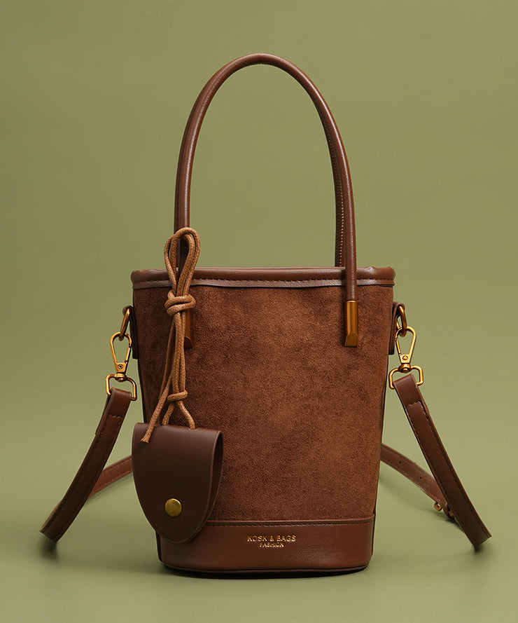 Unique Brown Large Capacity Patchwork Faux Leather Bucket Bag