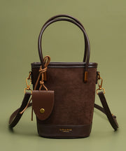 Unique Brown Large Capacity Patchwork Faux Leather Bucket Bag