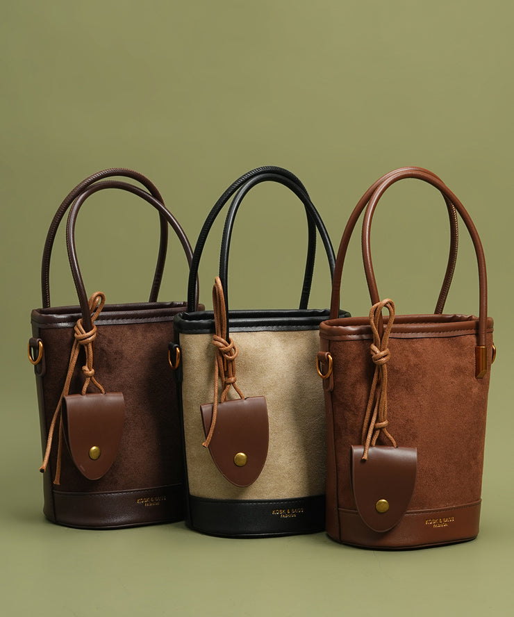 Unique Brown Large Capacity Patchwork Faux Leather Bucket Bag