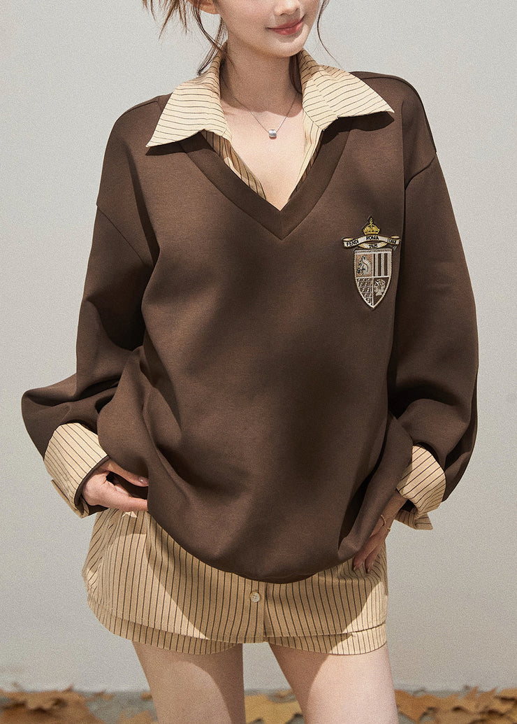 Unique Brown Oversized Patchwork Cotton Pullover Streetwear Fall