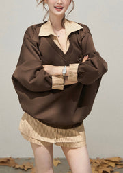 Unique Brown Oversized Patchwork Cotton Pullover Streetwear Fall