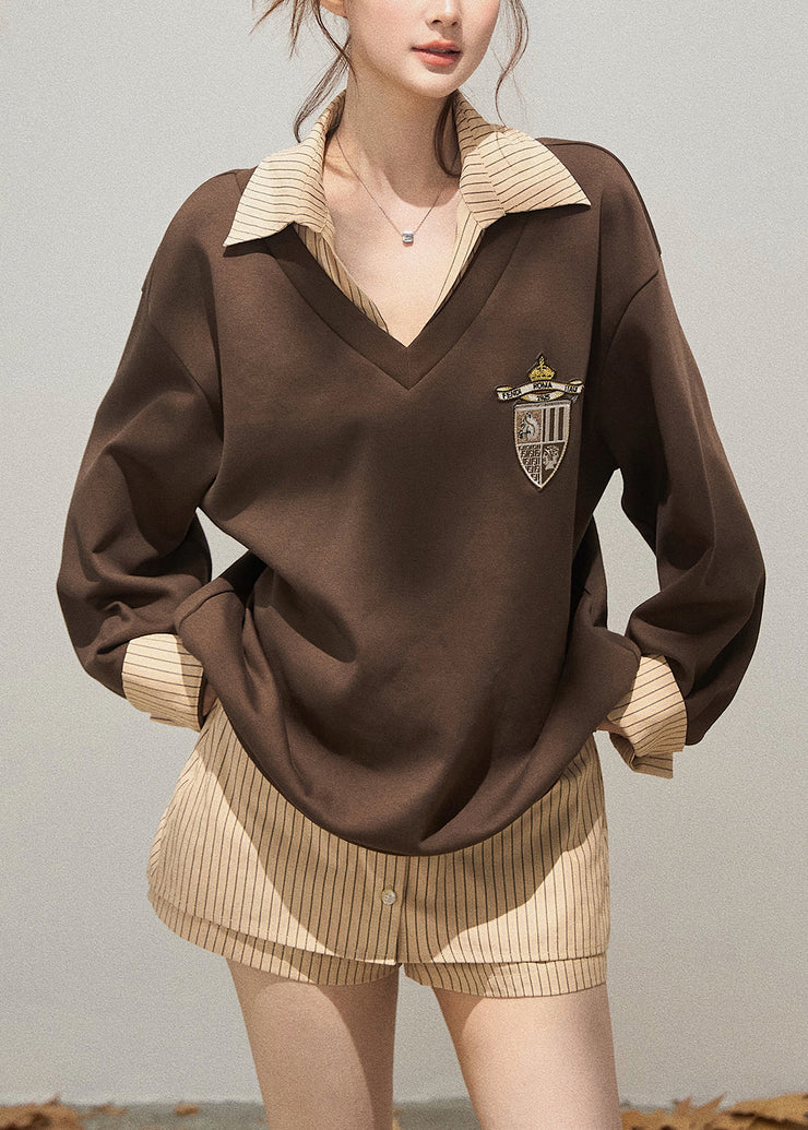Unique Brown Oversized Patchwork Cotton Pullover Streetwear Fall