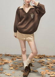 Unique Brown Oversized Patchwork Cotton Pullover Streetwear Fall