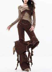 Unique Brown Tassel Ruffled Patchwork Denim Pants Fall