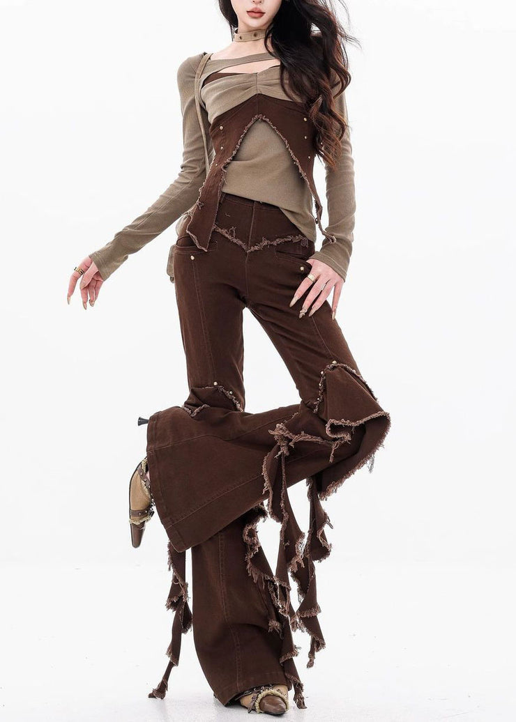 Unique Brown Tassel Ruffled Patchwork Denim Pants Fall