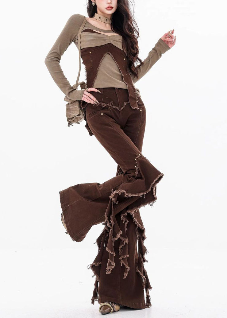 Unique Brown Tassel Ruffled Patchwork Denim Pants Fall