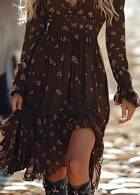 Unique Brown V Neck Print Ruffled Cotton Mid Dress Spring