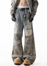 Unique Camouflage Hole High Waist Patchwork Denim Mens Straight Pants Fall