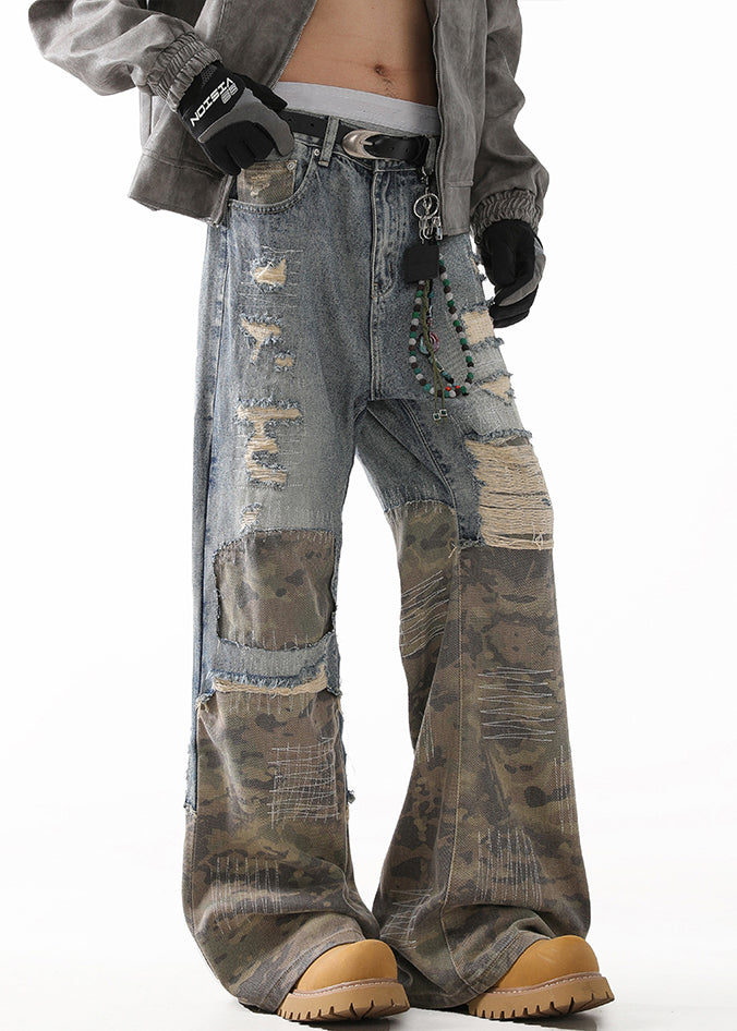 Unique Camouflage Hole High Waist Patchwork Denim Mens Straight Pants Fall