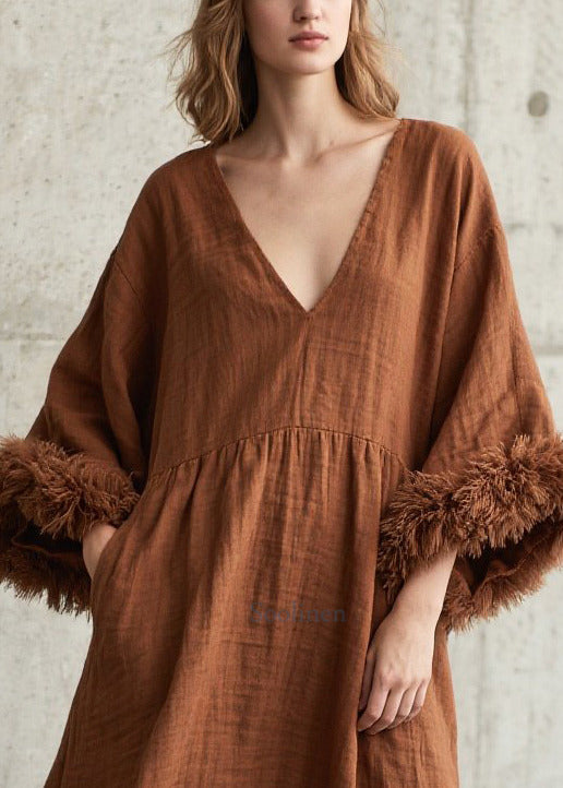 Unique Caramel Oversized Patchwork Faux Fur Dress Flare Sleeve