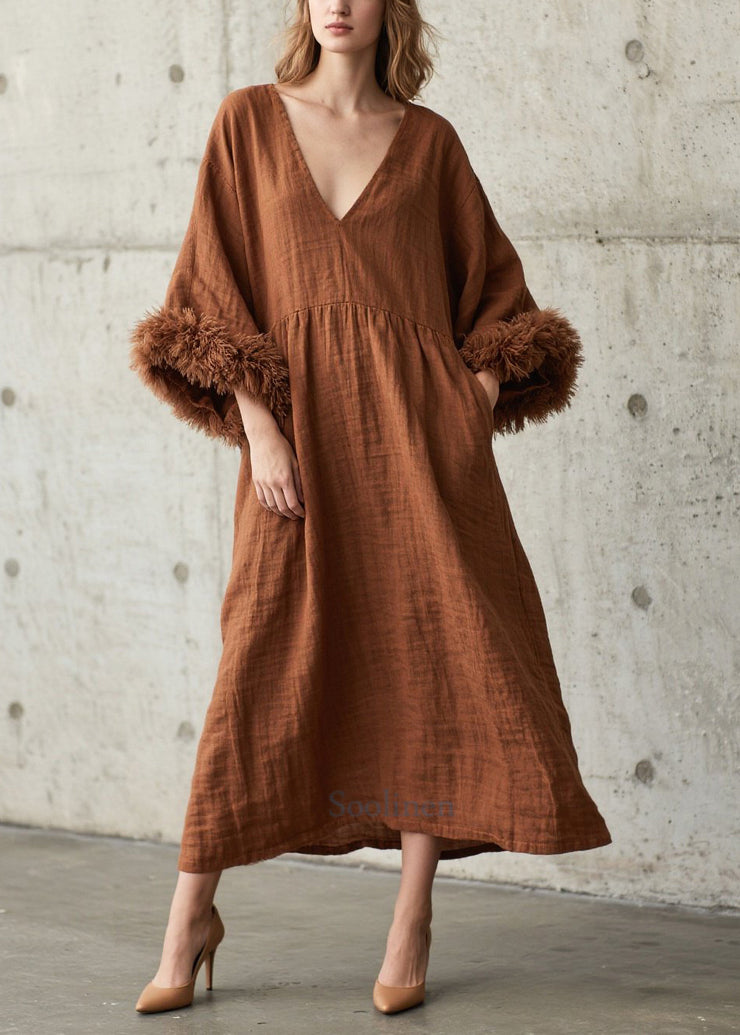 Unique Caramel Oversized Patchwork Faux Fur Dress Flare Sleeve