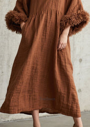 Unique Caramel Oversized Patchwork Faux Fur Dress Flare Sleeve