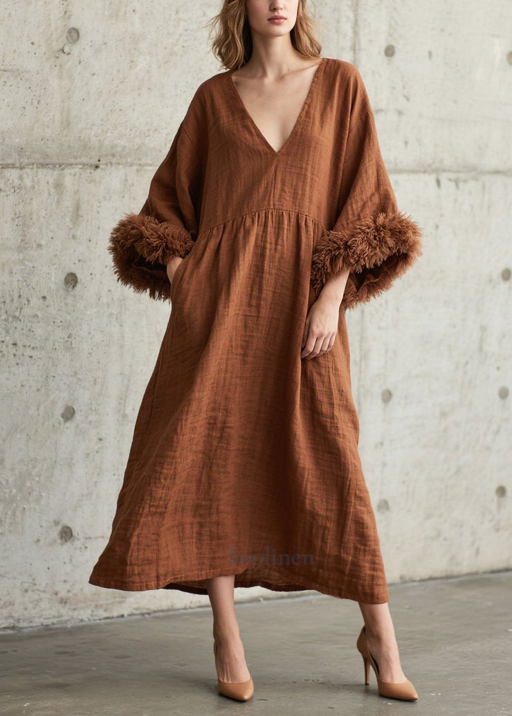 Unique Caramel Oversized Patchwork Faux Fur Dress Flare Sleeve