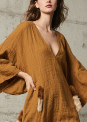 Unique Caramel V Neck Patchwork Faux Fur Robe Dresses Fall