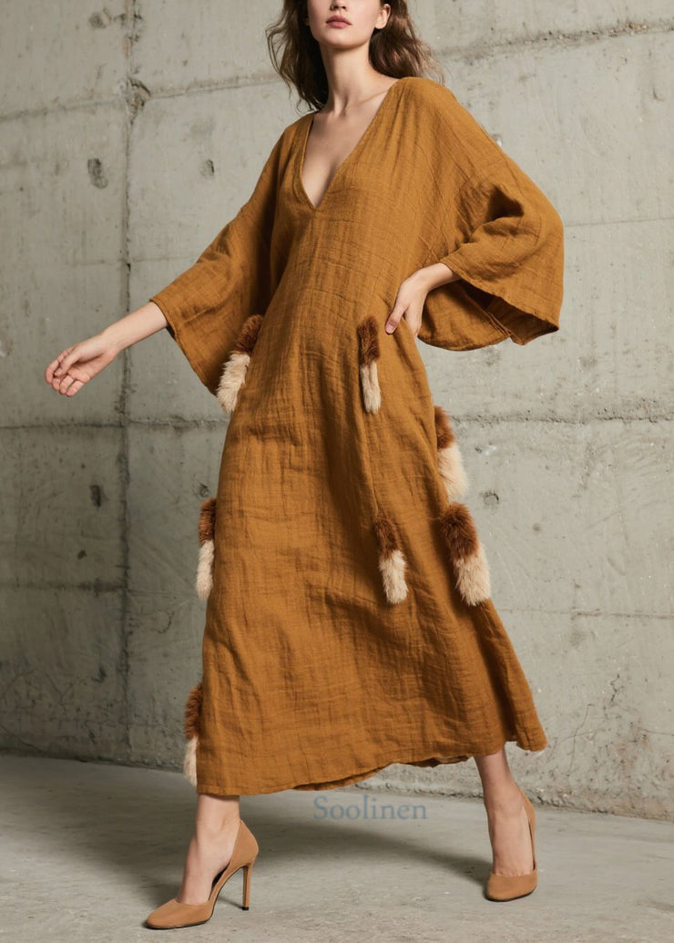 Unique Caramel V Neck Patchwork Faux Fur Robe Dresses Fall