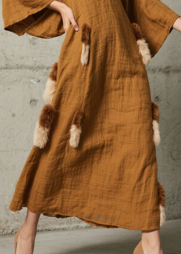 Unique Caramel V Neck Patchwork Faux Fur Robe Dresses Fall