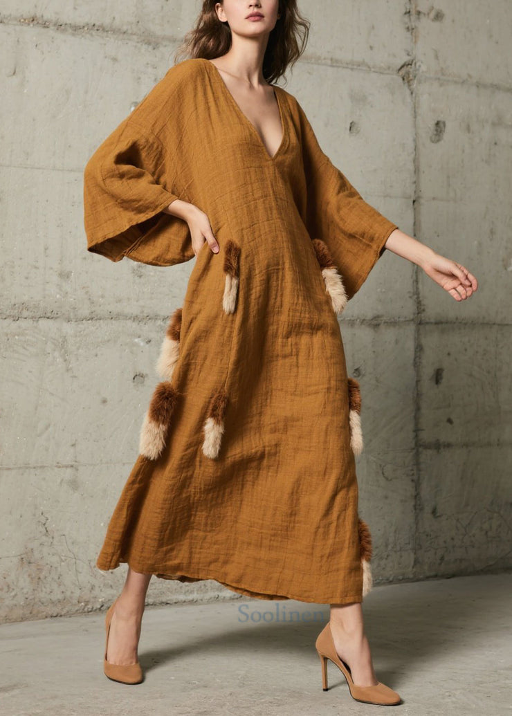 Unique Caramel V Neck Patchwork Faux Fur Robe Dresses Fall