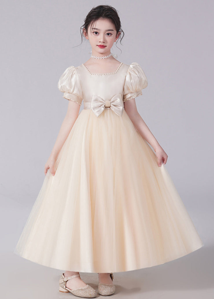 Unique Champagne Bow Nail bead Tulle Girls Long Dresses Short Sleeve