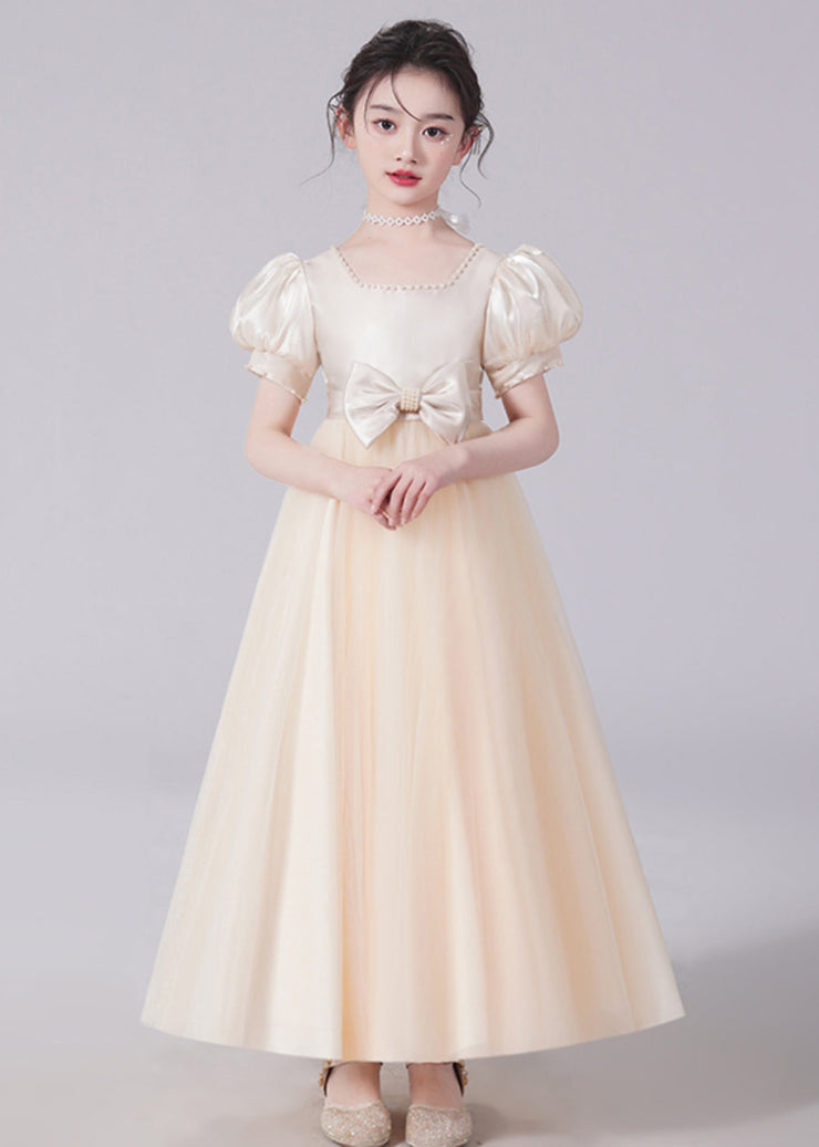 Unique Champagne Bow Nail bead Tulle Girls Long Dresses Short Sleeve