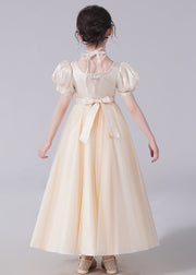 Unique Champagne Bow Nail bead Tulle Girls Long Dresses Short Sleeve
