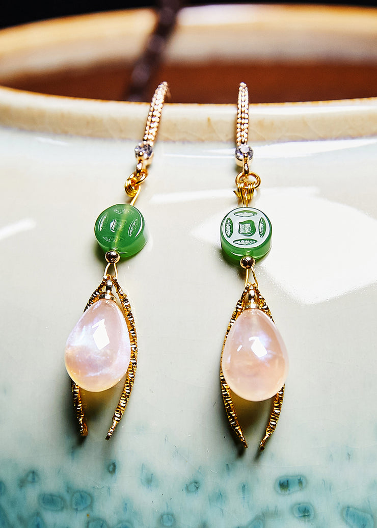 Unique Champagne Water Droplet Gem Stone Jade Drop Earrings
