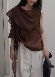 Unique Coffee Asymmetrical Patchwork Chiffon Shirt Top Sleeveless