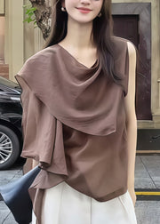 Unique Coffee Asymmetrical Patchwork Chiffon Shirt Top Sleeveless